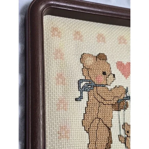 Framed Teddy Bear Cross Stitch Frame Vintage Nursery 1980's Decor Cottagecore - Picture 3 of 12